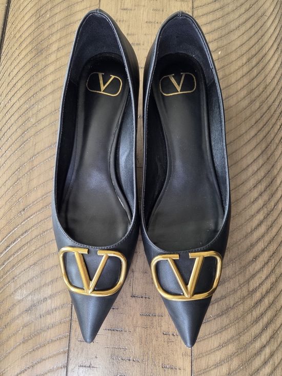 Valentino Shoes - Valentino Black Leather Pointed-Toe Flats with Gold V Logo